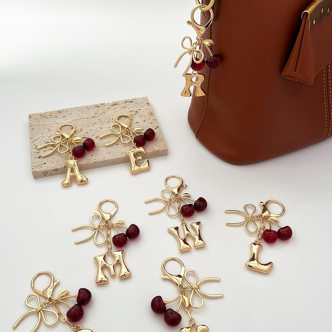 Gold Bubble Heart, Cherry, Bow & More Designs Letter Initial Keychain Bag Charms – Cute Purse Charms for Handbags