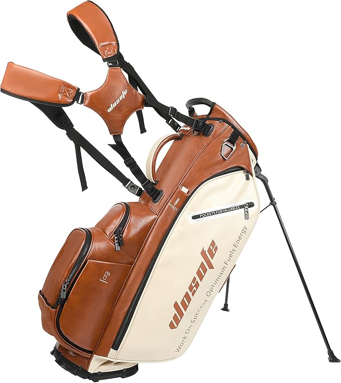 Lightweight 14-Way Golf Stand Bag, PU Leather Golf Bag Waterproof Men Women Full Length Top Dividers, Multiple 8 Pockets Cooler Pouch Adjustable Detachable Shoulder Dual Straps Rain Cover Hood