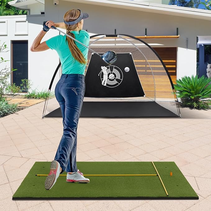 Goplus Golf Mat, 5x3ft/5x4ft Golf Hitting Mat 20/25/27/32mm Thick w/2 Alignment Sticks & 2 Golf Tees, Portable Artificial Turf Grass Training Mat Practice for Indoor Outdoor