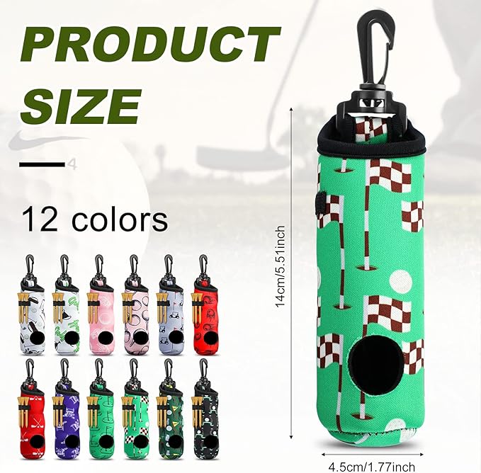 Jerify 12 Pieces Golf Ball Holder Soft Carry Bag with Tee Holder Keychain Belt Clip Hook Portable Golf Accessories for Women Ladies Golfer Pouch Gifts, 12 Styles