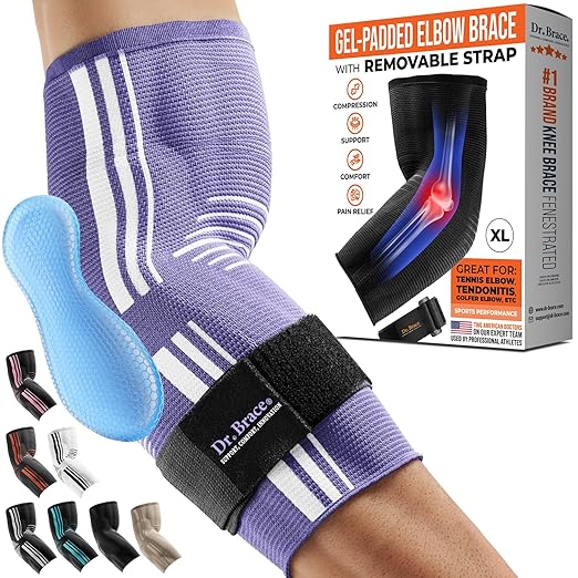 DR. BRACE® Elite Elbow Brace Support, Breathable Elbow Compression Sleeve with Gel Pad for Golfer's, Tennis Elbow & Tendonitis Treatment & Pain Relief 2024 (Purple-White, X-Large)