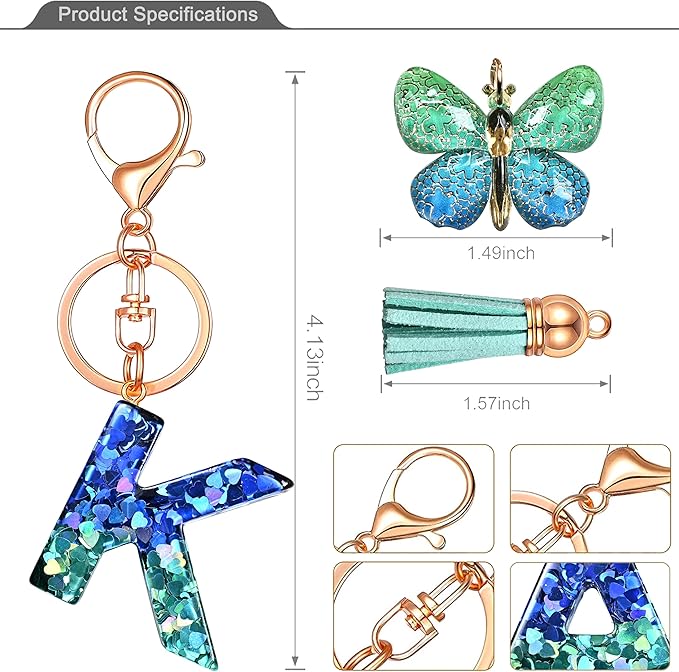 JINGUAZI Initial letter Keychains for Women Tassel Butterfly Pink Purple Cute Car Keychain for Wallet Backpack bag charm