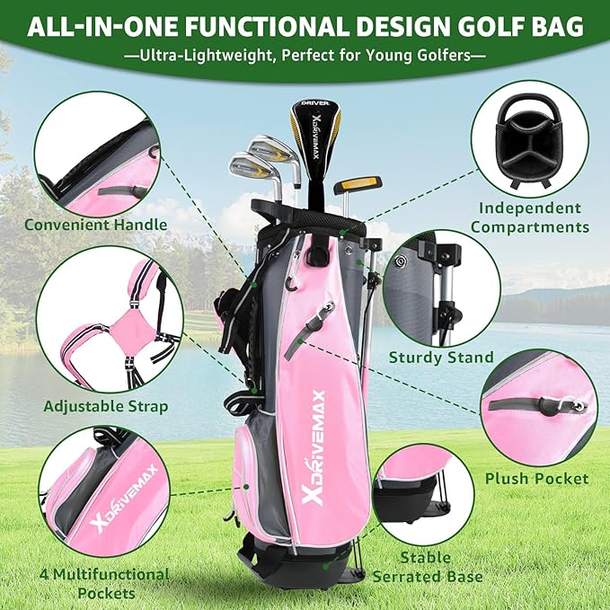 5/6 Pieces Kids Golf Club Set, Junior Golf Club Set Ages 4-12 Includes Stand Bag, 1# Drive, 5# Hybrid, 6/7#, 9/P# Irons and Putter Right Hand for Boys Girls