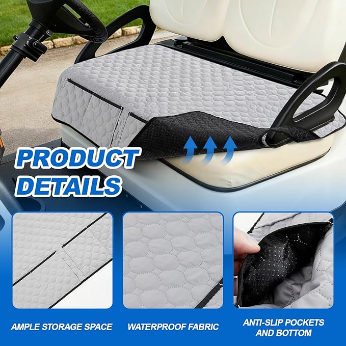 2 Pcs Grey Golf Cart Seat Covers, 51"x 31" Cool and Sweat Absorption Golf Cart Seat Towel Blanket with 4 Front Pockets & Nonskid Pocket and Nonskid Bottom for Home, Party