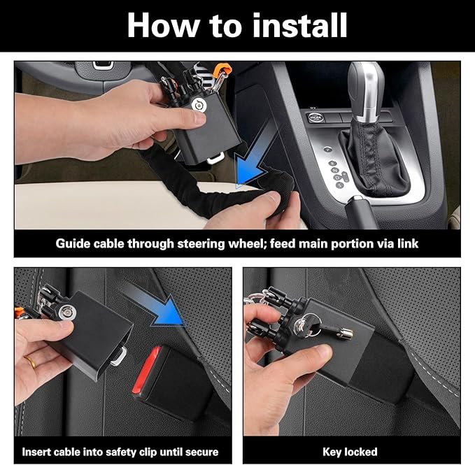 Universal Cars Steering Wheel Lock, Seat Belt Lock, Club Steering Wheel Lock, Lightweight & Portable, Car Security Anti-Theft Device Fits Most Vehicles, SUVs, Golf Carts, Includes 2 Keys (Black)