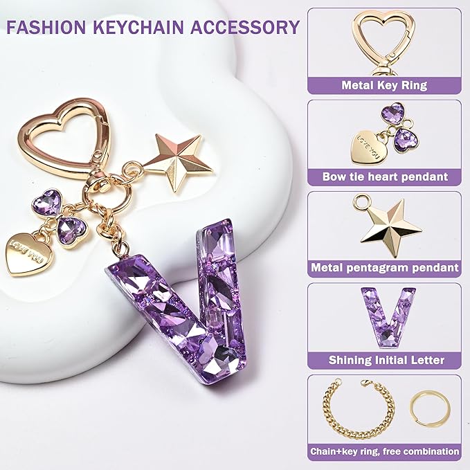 Cute Bling Keychain initial Letter Butterfly Star Pink Purple Gift for Women Girls Bag Cup Charms Accessories