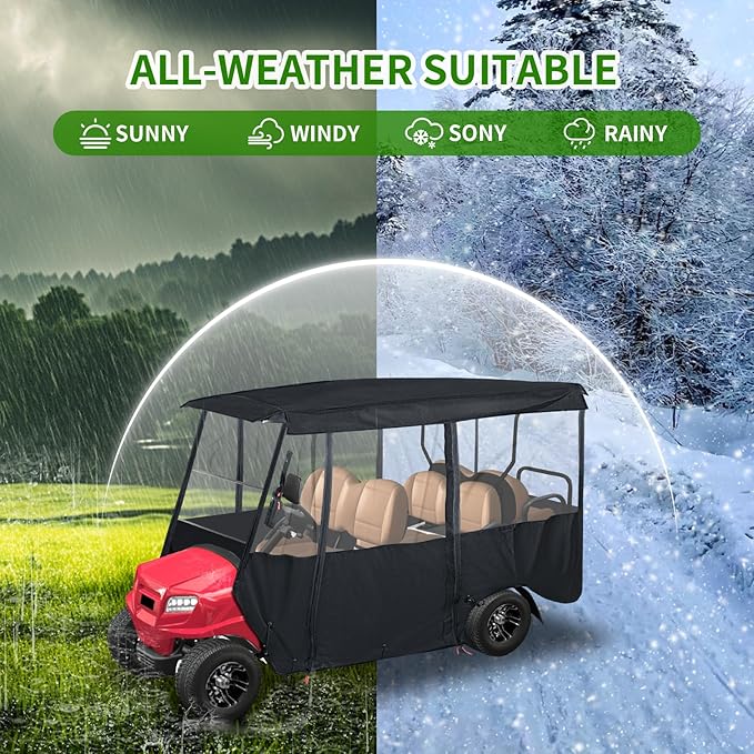 Tecoom Golf Cart Enclosure 2/4/6 Passenger, Golf Rain Cover 600D Waterproof Snowproof, Door Zippers, Clear Windows and Windproof Hooks, Universal Fit for EZGO, Yamaha, Club Car