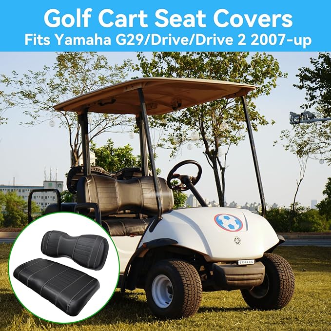 Golf Cart Seat Covers fits Club Car Precedent/DS/EZGO RXV/TXT/Yamaha Front Rear Seat Cushion，Black Leather Custom Stripe Soft Comfortable/Anti-Scratch/Easy to Clean