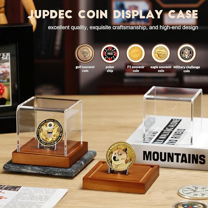 JupDec Coin Display Case, Clear Acrylic Showcase with Wood Base & Alloy Holder for Single Challenge Coin, UV Protection Souvenirs and Collectibles Box, Ideal Gift for Coin Fans, Brown