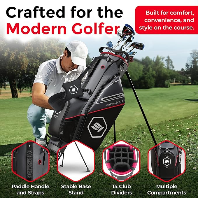 Emerald Isle 14 Way Full Length Divider Golf Bag Stand, Heavy Duty Carry Bag with Rain Hood, Multiple Pockets, Padded Handle and Strap, Lightweight Golf Bag for Men and Women