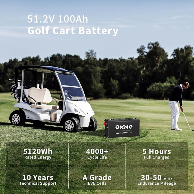 OKMO 48V 100Ah Lithium Golf Cart Battery Built-in Smart 250A BMS with 58.4V 22A Battery Charger APP Supported 4000+ Cycles