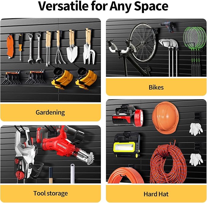 Slat Wall Panels 8x4 ft, Heavy-Duty PVC Garage Slatwall Panel with Trim & Screws, Interlocking Black Wall Panels, Garage Wall Organizer Slat Board PVC Wall Panel for Tools and Sports Equipment Storage