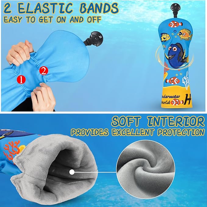 Golf Club Head Covers, Underwater World Driver Headcover Hybrid Headcover Fairway Wood Head Covers Magnetic Blade Putter Cover with Interchangeable Tags for All Brand
