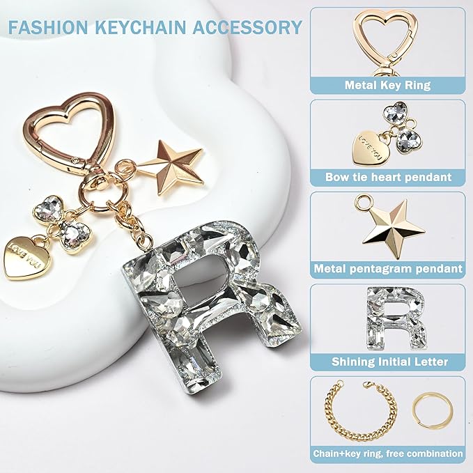 Cute Bling Keychain initial Letter Butterfly Star Pink Purple Gift for Women Girls Bag Cup Charms Accessories
