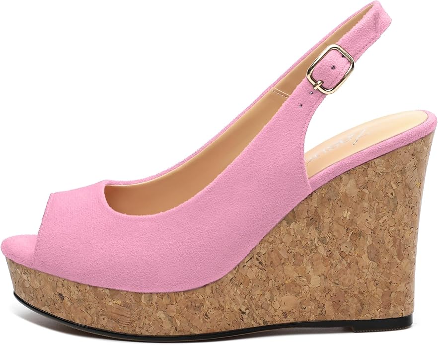 Womens Wedge Platform Sandals Peep Open Toe Slingback Buckle High Heel Dress Shoes Pumps Suede 3.94 Inch