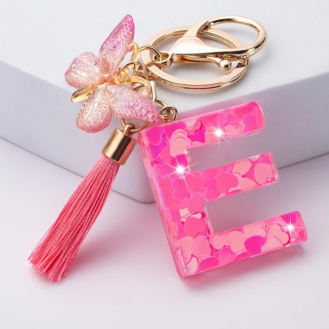 Suweibuke Colourful Cute Initial Letter Keychains for Women Girls with Tassel Butterfly, Charm for Purse Handbags Backpacks