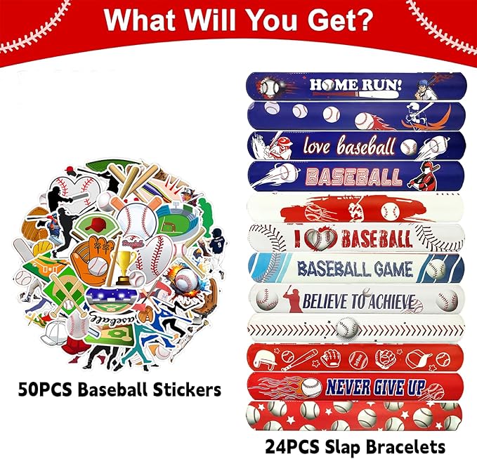 74Pcs Baseball Theme Party Favors BaseBall Theme 24PCS Slap Bracelets 50 Pcs Stickers,Baseball Party Team Gift Fillers School Classroom games Rewards Supplies