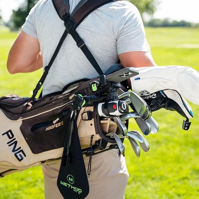 Method Golf CarryStack Golf Bag Phone Holder – Heavy Duty Magnetic Phone Mount for Most Smartphones with Magnetic Range Finder Strap- Full Rotation Open Face Design Converts Any Bag into a Tripod