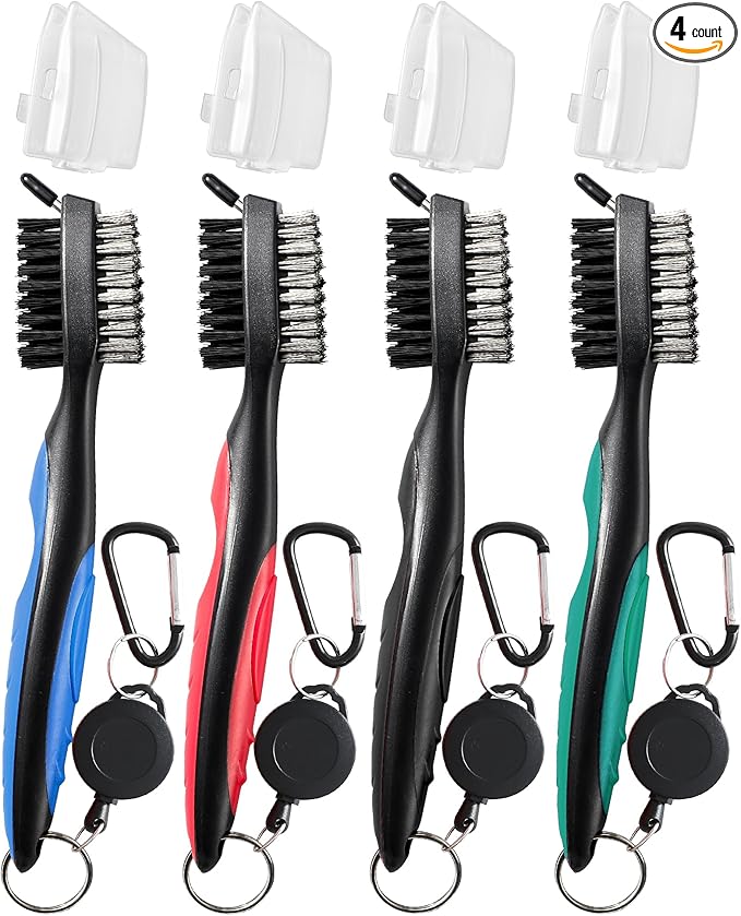 Golf Club Brush and Club Groove Cleaner with Retractable Zip-line and Aluminum Carabiner Cleaning Tools