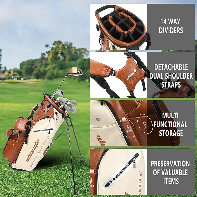 Lightweight 14-Way Golf Stand Bag, PU Leather Golf Bag Waterproof Men Women Full Length Top Dividers, Multiple 8 Pockets Cooler Pouch Adjustable Detachable Shoulder Dual Straps Rain Cover Hood