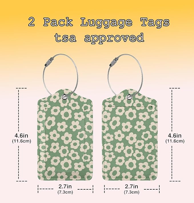 Leather Luggage Tags for Adults Teens,2 Pack Vintage Groovy Flowers Travel Bag Suitcase Labels with Stainless Steel Loop ID Tags Card Baggage Bag Label