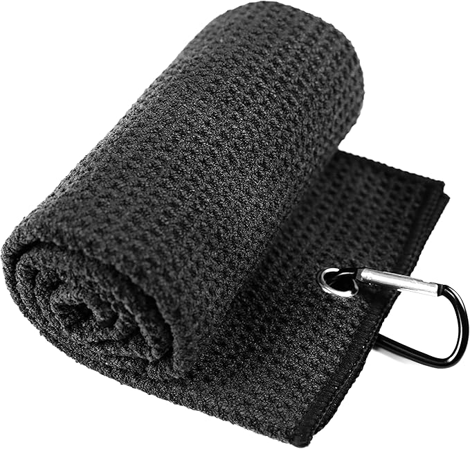 VIVIDLY 2 Pack 16" x 24" Tri-fold Golf Towels, Premium Microfiber Fabric Waffle Pattern with Black Heavy Duty Carabiner Clip, Golf Towels for Golf Bags for Men (Black)