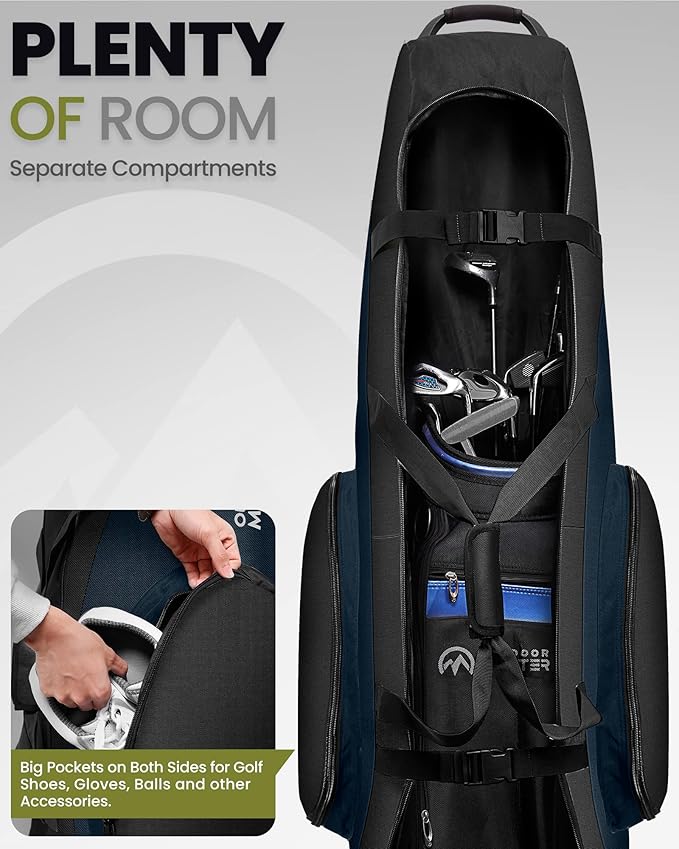OutdoorMaster Padded Golf Travel Bag with Reinforced Wheels, 900D Heavy Duty Oxford Wear-Resistant and Waterproof Golf Travel Case, Soft-Sided Golf Club Bag, Shoes and Accessories Compartment