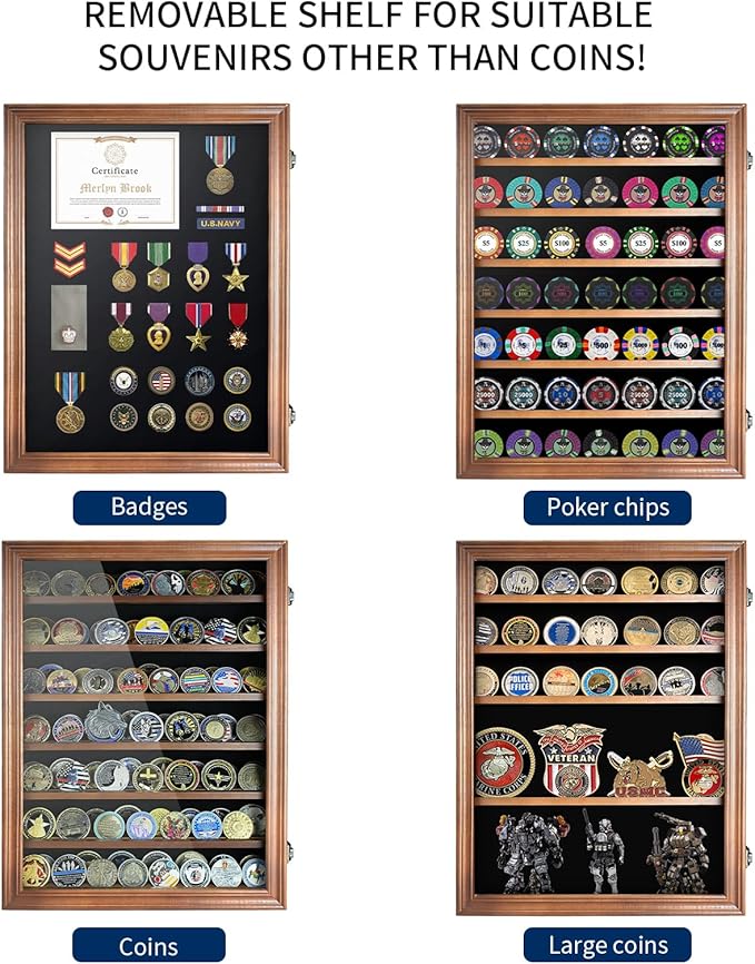 7 Rows Challenge Coin Display Case - Holds 100 Coins, Solid Wood Military Coin Holder Cabinet with HD Tempered Glass, Wall-Mountable Shadow Box for Collectibles, Medals, Casino Chips, Walnut