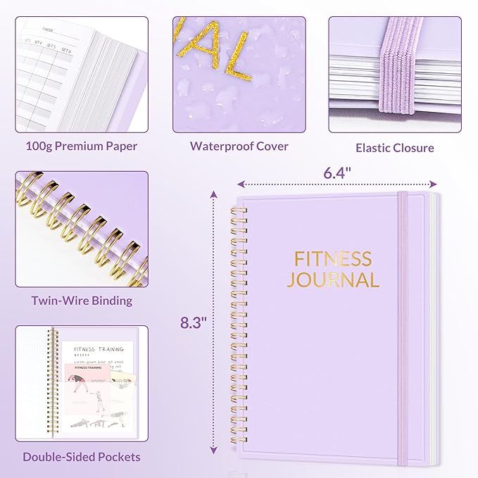 Fitness Journal Workout Planner for Women & Men, A5 (6.4" x 8.3") Workout Journal Log Book Planner Gift for Track Gym Essentials, Home Workouts, Track Progress, Achieve Wellness Goals, Purple