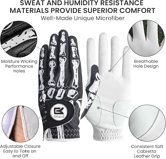 Golf Gloves Men Right Handed Golfer Left Hand Leather Stylish Value 2 Pack with Ball Marker, Mens Golf Glove All Weather Grip, Size Small Medium ML Large XL