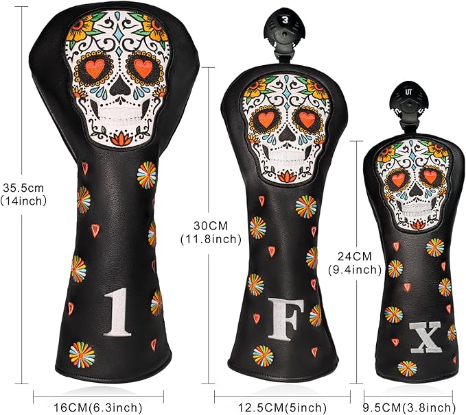Colorful Skeleton Embroidery Club Covers Driver Headcovers Fairway Wood Cover Hybrid Head Cover Leather 3 Wood Headcover Golf Club Covers for Most Brand.
