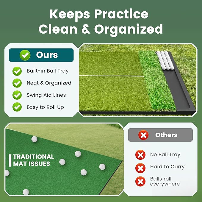 Dual Turf Golf Hitting Mat with Ball Tray, 5x4 & 6x4 ft, 26mm/31mm Thick, Alignment Aid, Golf Practice Mat Indoor & Outdoor, Driving & Chipping Pad Simulator Mat