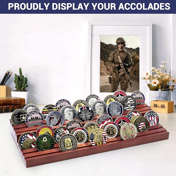 PiaoHao Solid Wood Challenge Coin Display Stand,Two-Tier Military Coins Display Holders Shelves,8 Row Wooden Army Collectible Coins Holder Case Holds 50-64 Coins