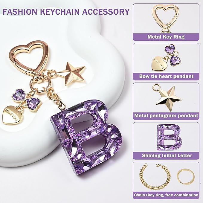 Cute Bling Keychain initial Letter Butterfly Star Pink Purple Gift for Women Girls Bag Cup Charms Accessories