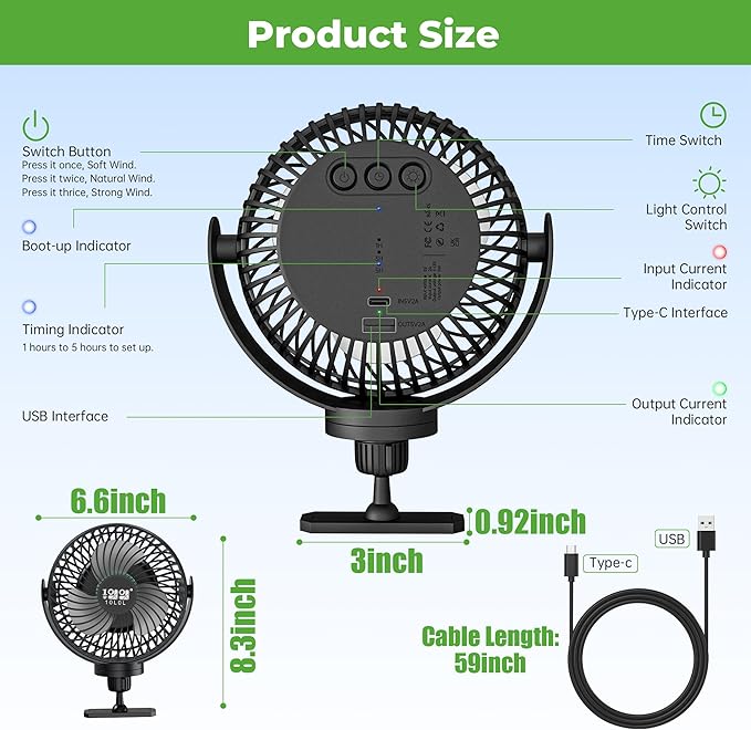 10L0L Magnetic Golf Cart Fan Rechargeable Big Battery Powered Portable Fan,3 Speeds/2 LED Light/56 Hrs Runtime /360°Rotatable with Magnetic Base,USB & Type C Ports,Cool Summer Golf Cart Accessories