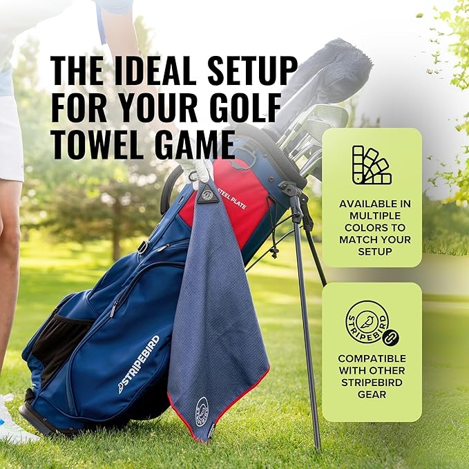 Stripebird - Magnetic Golf Towel (Blue) - Microfiber Golf Towel with Built-in Ultra-Strong Neodymium Magnetic Towel - 18" x 18" Golf Bag Towel