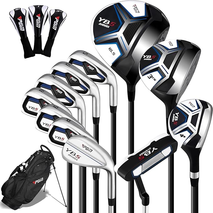 PGM 12/15 Pieces Men's Complete Golf Club Set with Driver, Fairway, Hybrid, Irons, Putter, Stand Bag & Headcovers - Right Handed - Ideal for Beginners (Standard/Tall Sizes)
