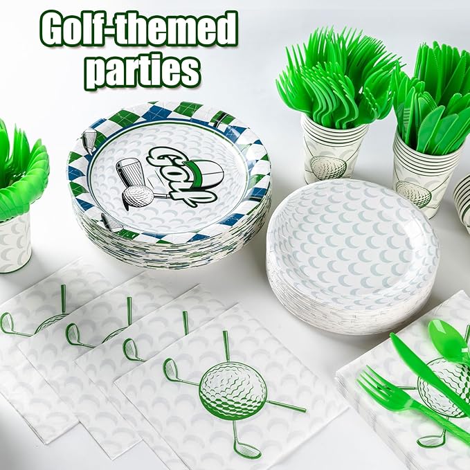 Golf Party Decorations Set for 50 Guests, 350 Pieces, Plates, Cups, Napkins, Cutlery, Green and White