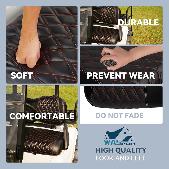Golf Cart Vinyl Replacement Seat Covers fits Yamaha G29/Drive/Drive 2 2007+, Diamond Front Seat Cover Black Stitching Durable Breathable & Easy to Clean