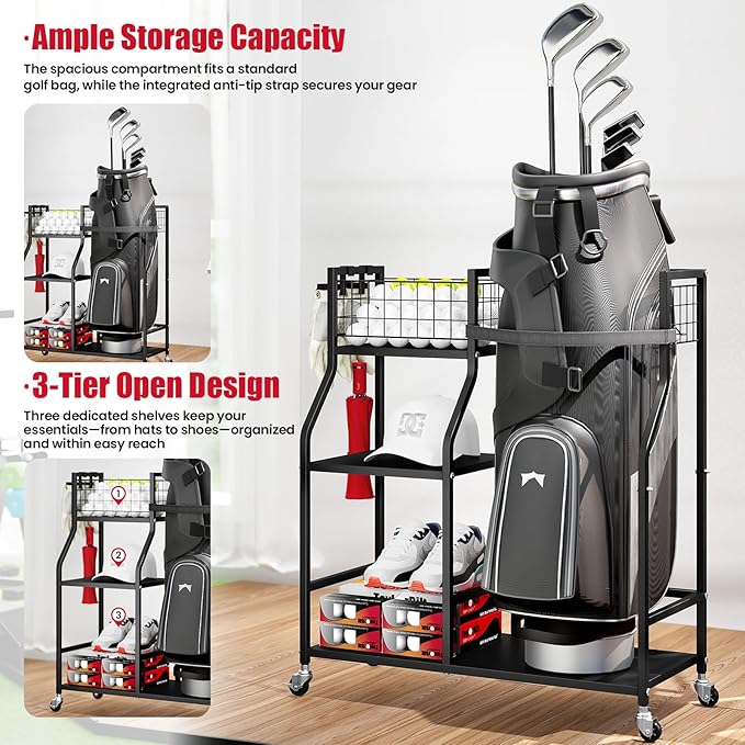 TOOLF Golf Bag Organizer, Golf Club Storage with Wheels, Sturdy Metal Golf Bag Holder Stand for Home, Garage, Outdoor, Includes 4 Storage Sections & Removable Hooks