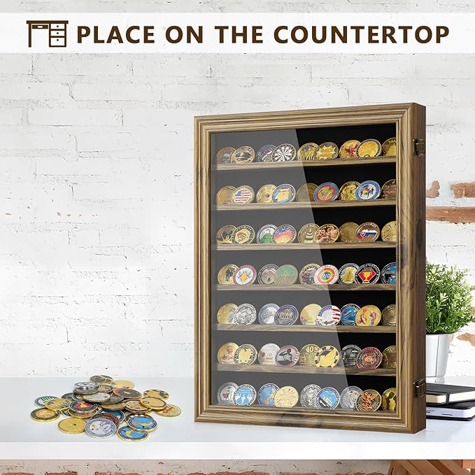 7 Rows Military Challenge Coin Holder Display Case with HD Tempered Glass - Holds 100 Coins, Medal Display Cabinet, Shadow Box for Casino Poker Chips, Removable 2-Groove Shelves, Rustic Wood