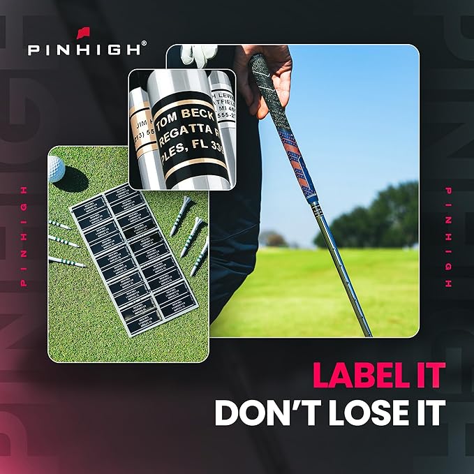 PIN HIGH 40 Personalized Golf Club Name Labels | Weatherproof, Fade Resistant, Laminated Thermal Transfer Custom ID Labels, Made in The USA, (Free Customization & Shipping), Chrome