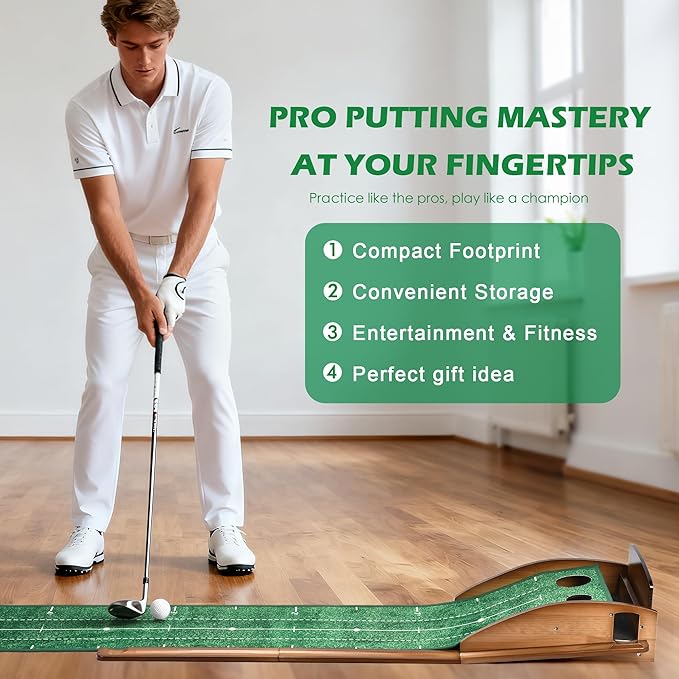 Putting Green Indoor, Golf Putting Mats Practice Indoor, 9.8ft Indoor Putting Green with Ball Return, Thickened Wrinkle-Free Memory Rubber, Training Aid for Home Office Backyard, Ideal Gift