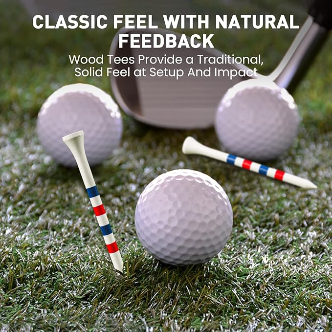 FINGER TEN Golf Tees Wood 3 1/4 2 3/4 Inch Value 50/120 Count, Durable Tees with Bright Colored Stripes for Consistent Height, 70mm 83mm Long Tees Ideal for Golfers