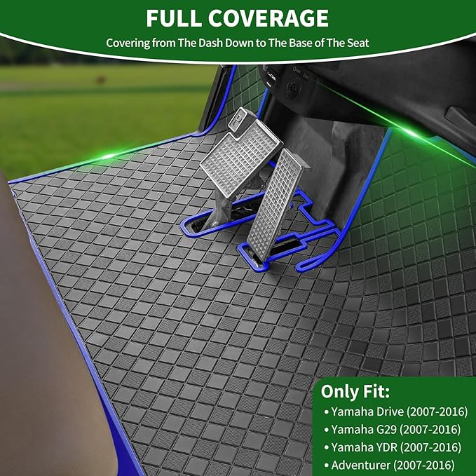 Golf Cart Floor Liner Mat 8mm Thick Rubber Full Coverage Only Fit for 2007-2016 Yamaha Drive (Gen1), G29, YDR, Adventurer Carts Diamond Deluxe Non-Slip Front Feet Mat Replacement - Blue Trim