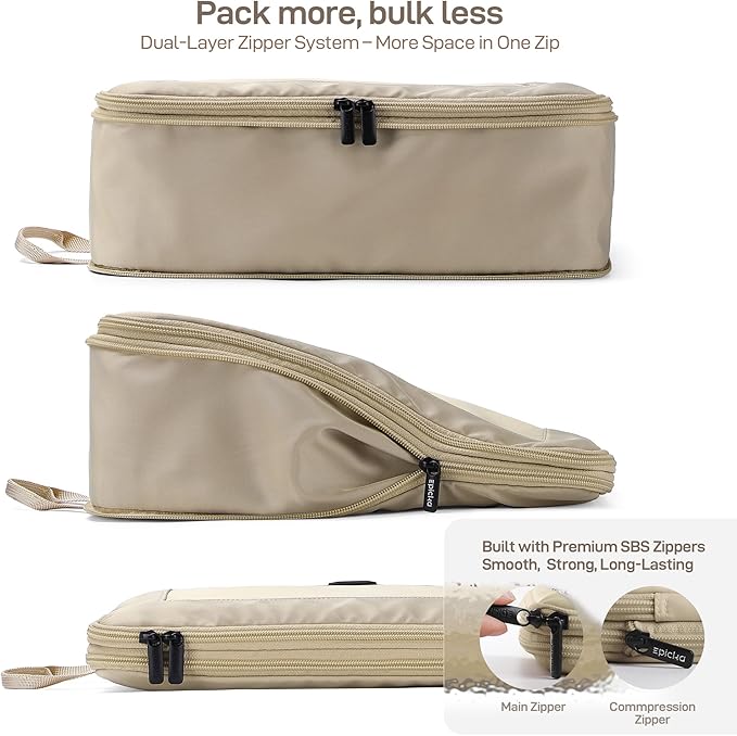 EPICKA TripCozy Compression Packing Cubes - 4 Set Durable Travel Organizer Bags with Mesh Top, Expandable Travel Accessories for Carry on, Luggage, Suitcase, Backpack (Khaki)