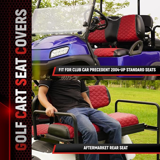 Golf Cart Front and Rear Seat Covers Waterproof and Sun Resistant Marine Grade Vinyl Leather Seat Cover Accessories for Club Car Precedent 2004+, Deep Red(4PCS)