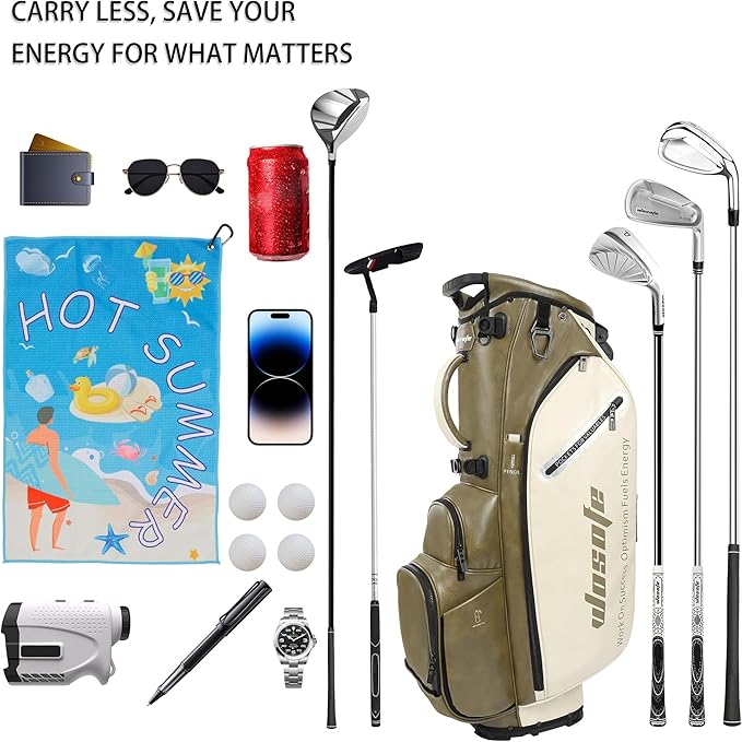 Lightweight 14-Way Golf Stand Bag, PU Leather Golf Bag Waterproof Men Women Full Length Top Dividers, Multiple 8 Pockets Cooler Pouch Adjustable Detachable Shoulder Dual Straps Rain Cover Hood