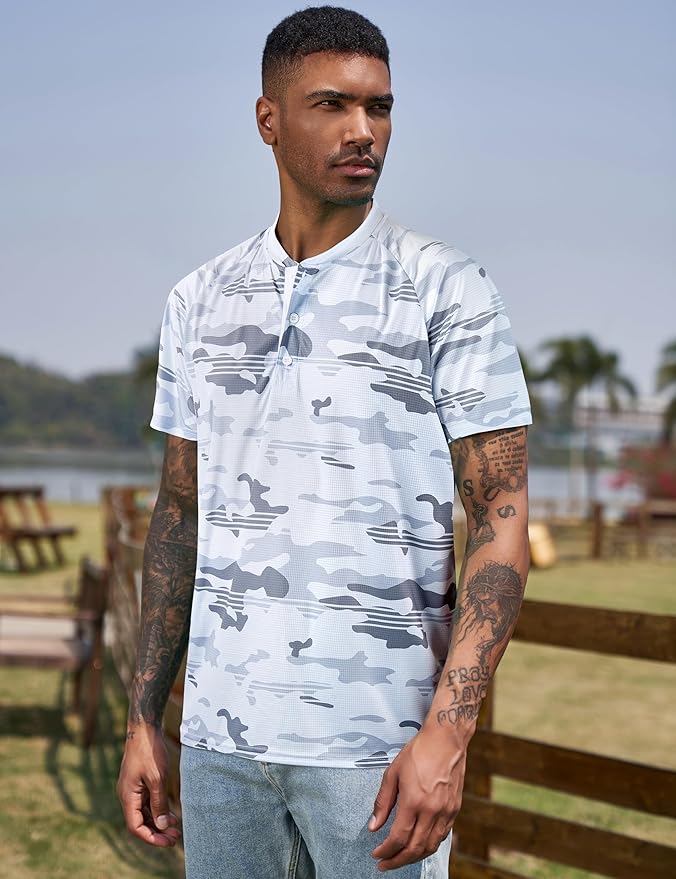 TAPULCO Mens Collarless Golf Shirts Short Sleeve Dry Fit Stretch Casual Breathable Lightweight Tshirts