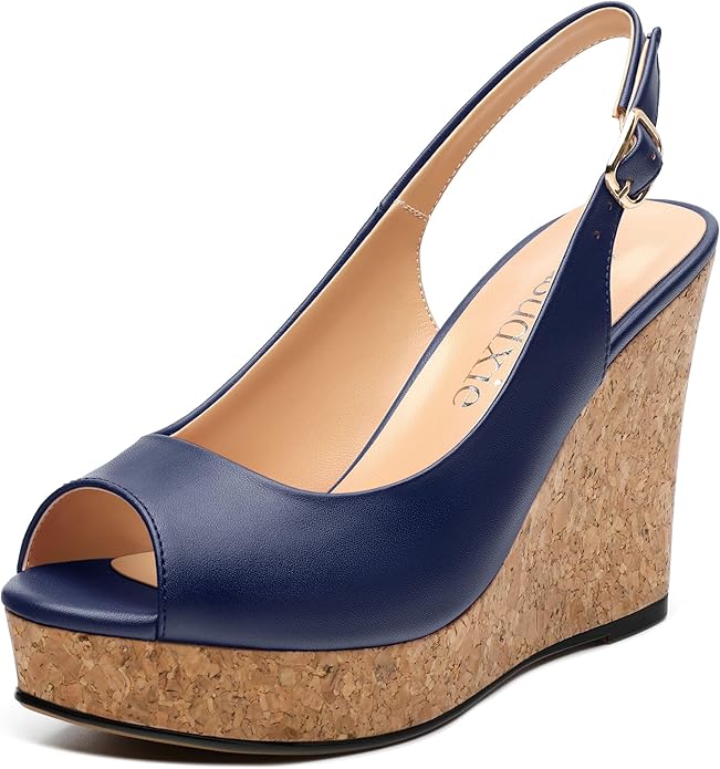 Womens Peep Toe Wedge Heels Matte Fashion Cork Slingback Pumps Platform Wedge Sandals 3.94 Inches
